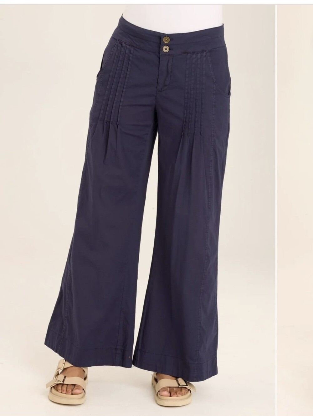 Wearables Rebecca Stretch Poplin Navy Wide-Leg Pleated Pants Drawcord Sz S NWT